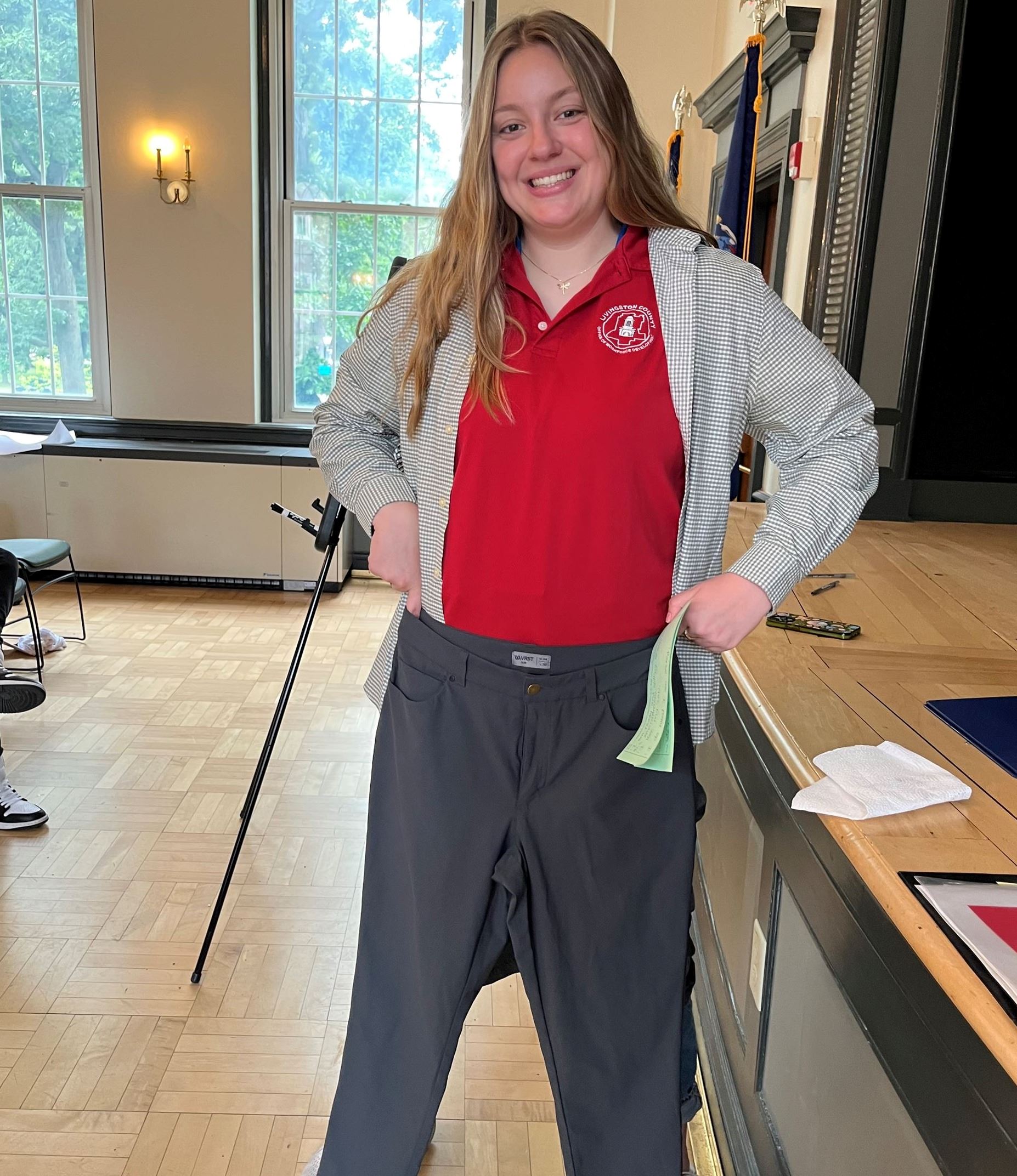 Natalie models what to wear to work.