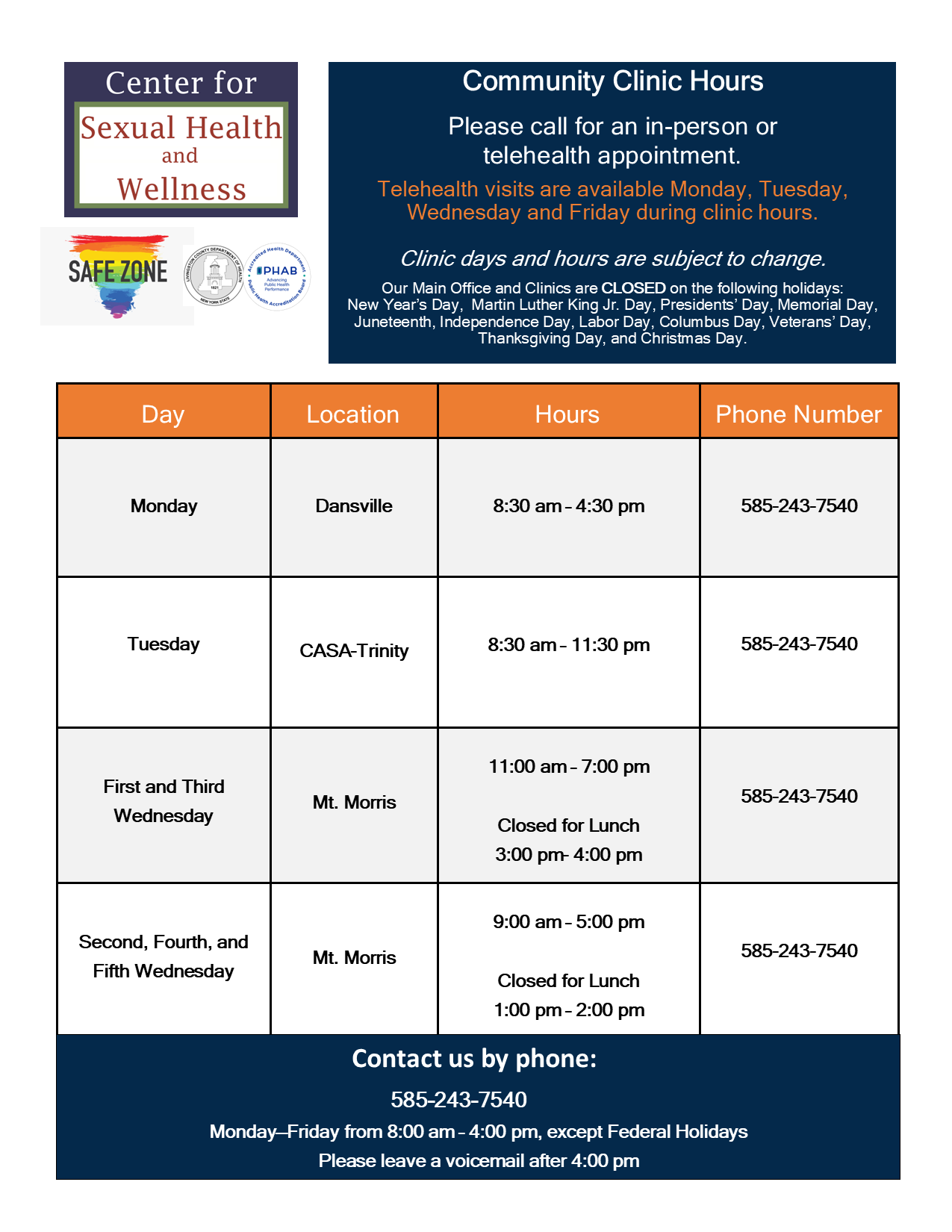 Clinic hours for the Center for Sexual Health and Wellness