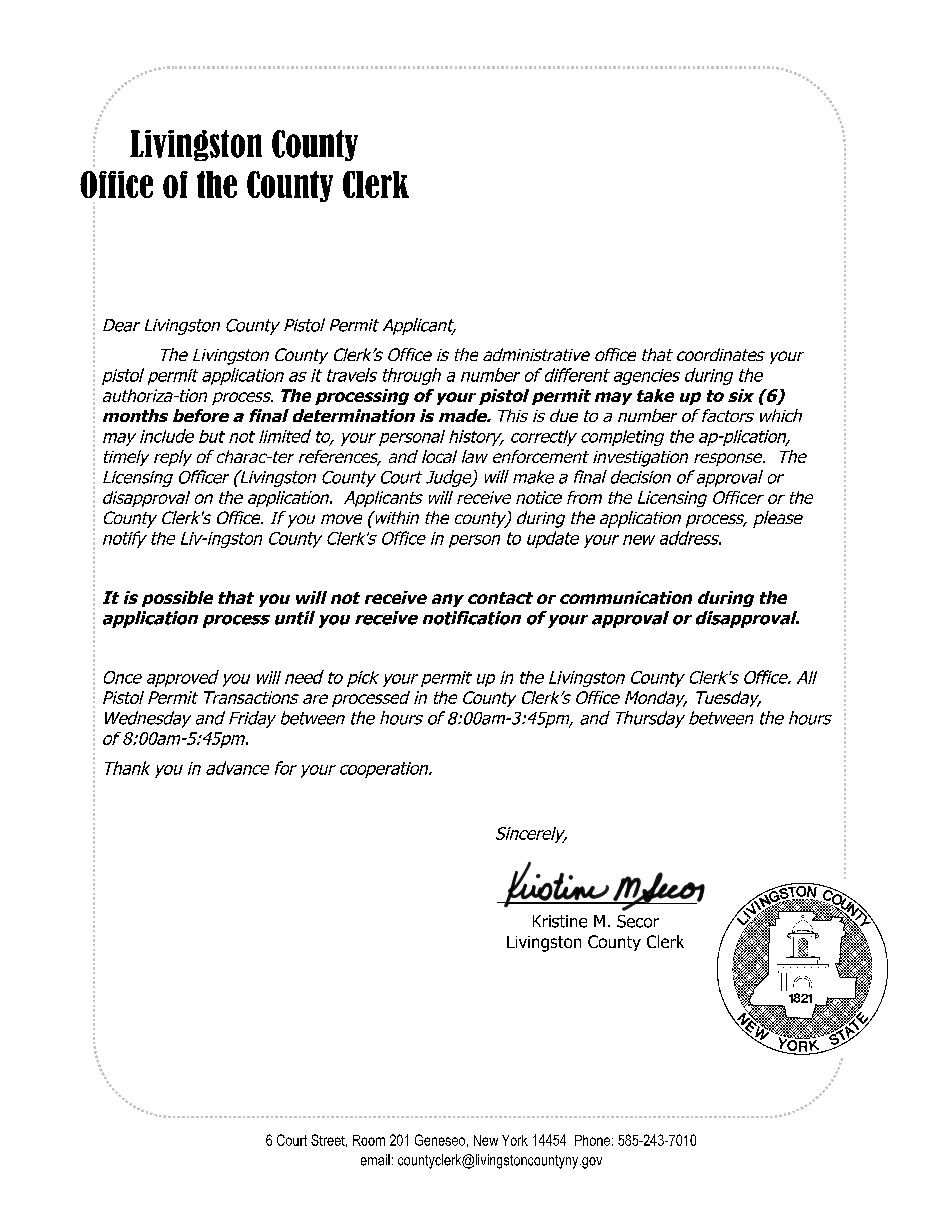 2026 Pistol Permit Letter