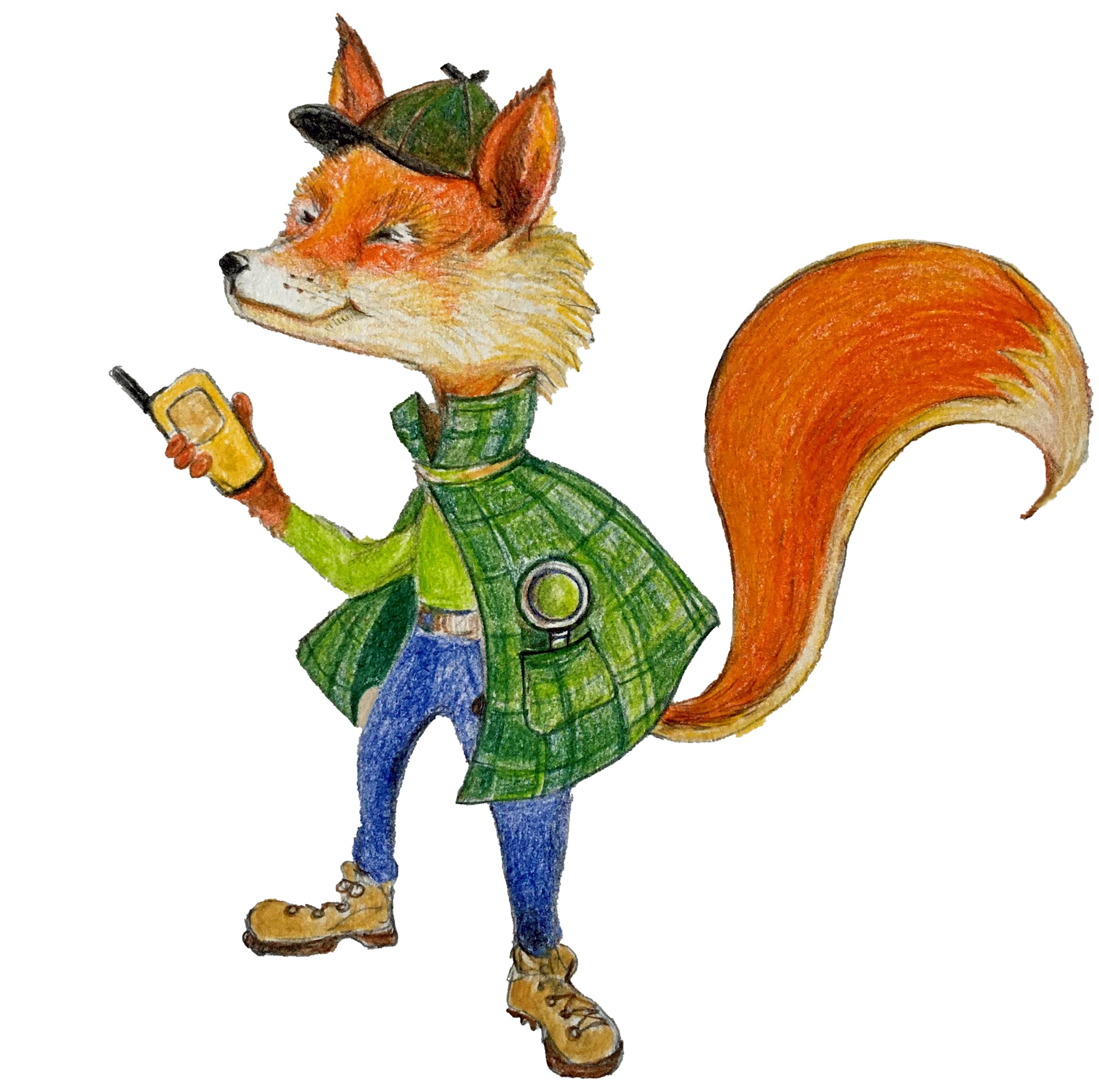 Drawing of Find R. Fox character with GPS unit, plaid cloak and hat